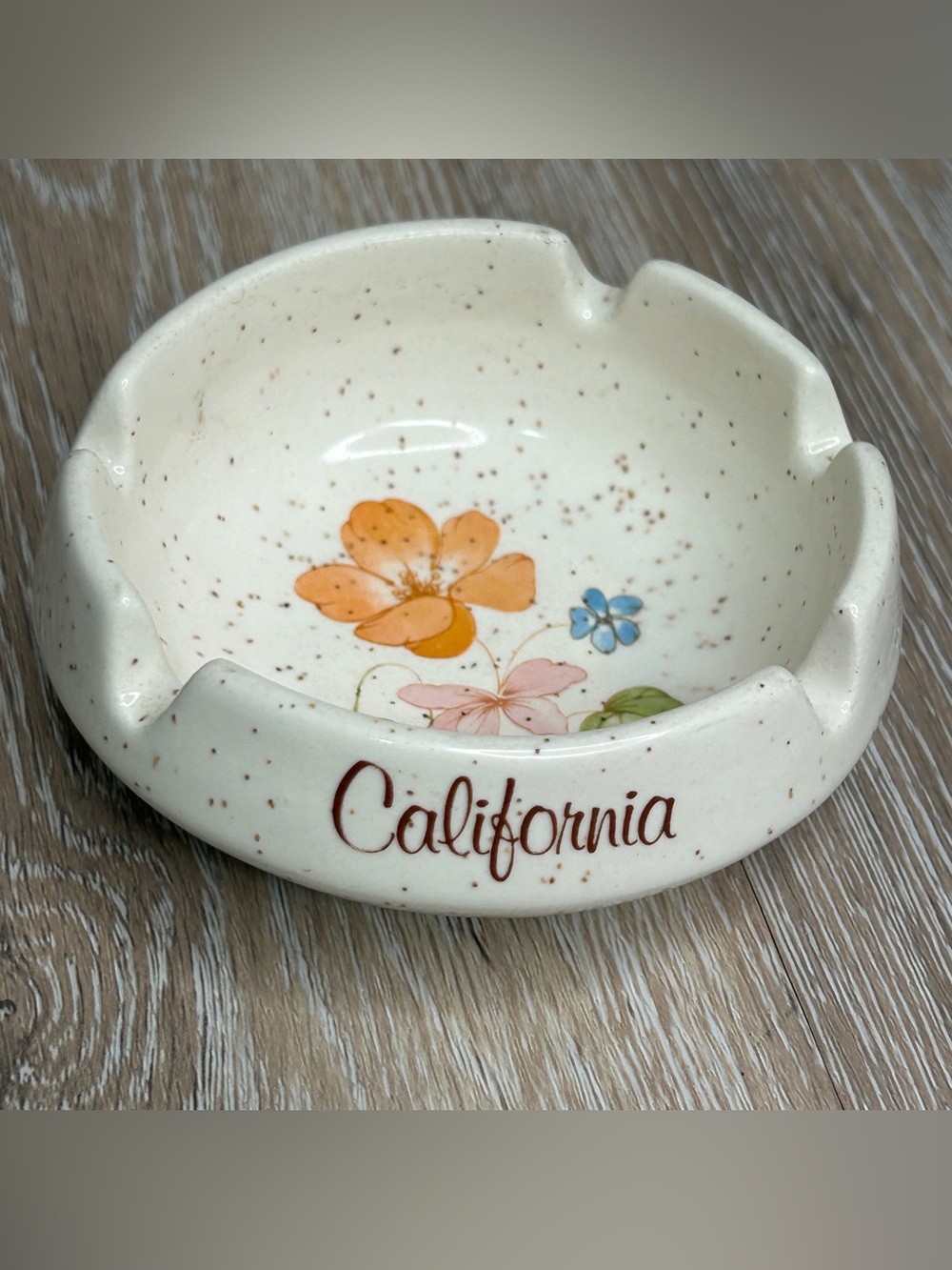 Vintage 70s California Floral Ceramic Ashtray Speckled Stoneware TrinketDish USA